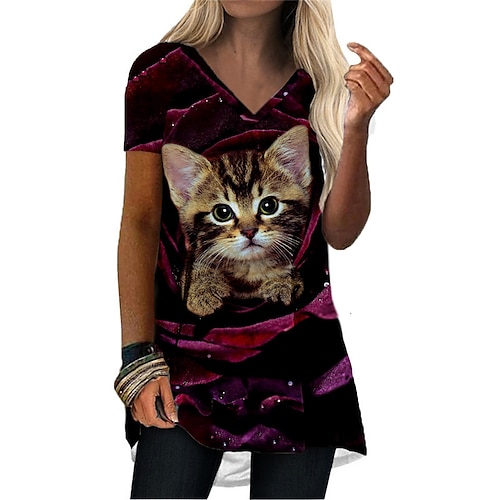 

Women's T Shirt Dress Tee Dress Short Mini Dress Green Red Short Sleeve Cat Animal Print Summer V Neck Stylish Casual Modern 2022 S M L XL XXL 3XL