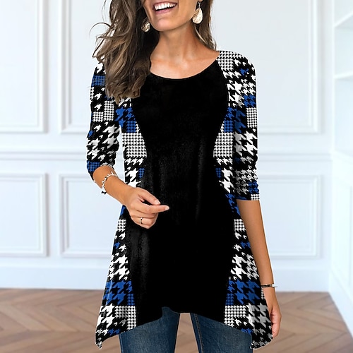 

Women's T shirt Tee Green Blue Purple Plaid Color Block Flowing tunic Print Long Sleeve Casual Weekend Basic Round Neck Long Painting S