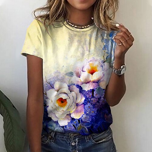 

Women's T shirt Tee Blue Yellow Red Floral Print Short Sleeve Casual Holiday Basic Round Neck Regular Floral Painting S / 3D Print