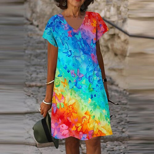 

Women's Shift Dress Midi Dress Rainbow Short Sleeve Animal Print Spring Summer V Neck Modern Loose Fit 2022 S M L XL XXL 3XL
