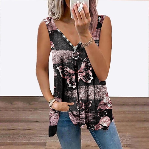 

Women's Tank Top Vest Purple Pink Gold Butterfly Flowing tunic Quarter Zip Sleeveless Daily Weekend Streetwear Casual V Neck Regular Butterfly S / 3D Print / Print