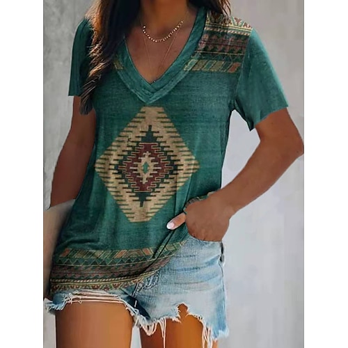 

Women's T shirt Tee Green Blue Light Green Geometric Ocean Print Short Sleeve Casual Holiday Basic Ethnic V Neck Regular Abstract Painting S / 3D Print