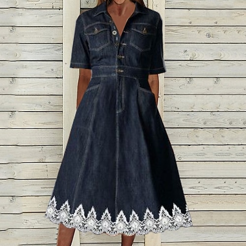 

Per donna Abiti di jeans Vestito maxi Denim Sensuale Informale Giornaliero Da mare A V Pizzo Increspato Manica corta Estate Primavera 2023 Standard Blu turchese Floreale Stampa S M L XL XXL