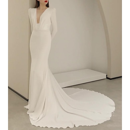 

Mermaid / Trumpet Wedding Dresses V Neck Court Train Satin Long Sleeve Simple with Pleats Solid Color 2022