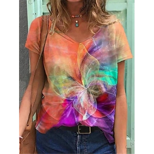 

Women's T shirt Tee Rainbow Butterfly Short Sleeve Casual Daily Basic V Neck Regular Butterfly S / 3D Print