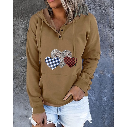 

Women's Hoodie Sweatshirt Pullover Active Streetwear Valentine's Day Pocket Print Black Khaki Gray Leopard Heart Plaid Checkered Casual Hooded Long Sleeve