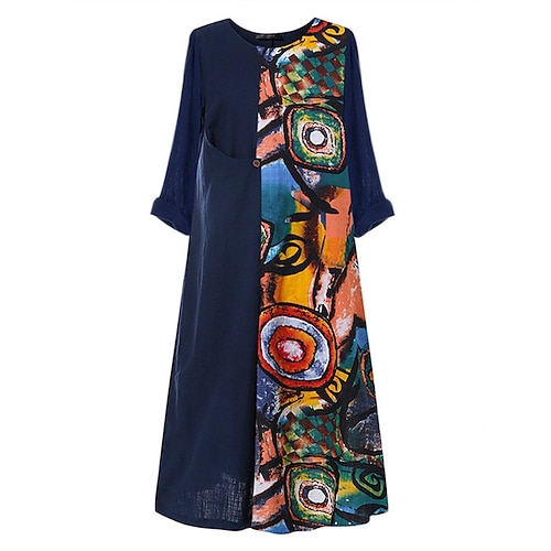 

Women's Plus Size Casual Dress Abstract Crew Neck Print 3/4 Length Sleeve Fall Spring Casual Vintage Maxi long Dress Causal Daily Dress