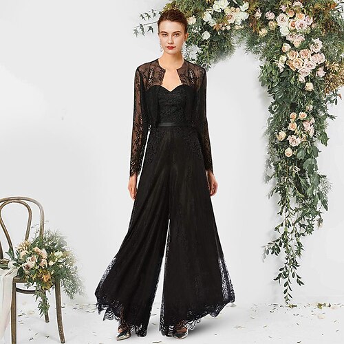 

Two Piece Pantsuit Mother of the Bride Dress Elegant Wrap Included Sweetheart Neckline Floor Length Chiffon Lace Sleeveless with Appliques 2022