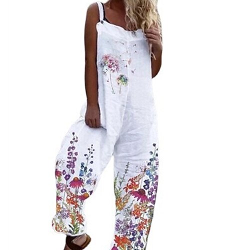 

Women's Jumpsuit Print Floral Crew Neck Streetwear Daily Vacation Wide Leg Loose Fit Sleeveless Green Pink Red S M L Spring