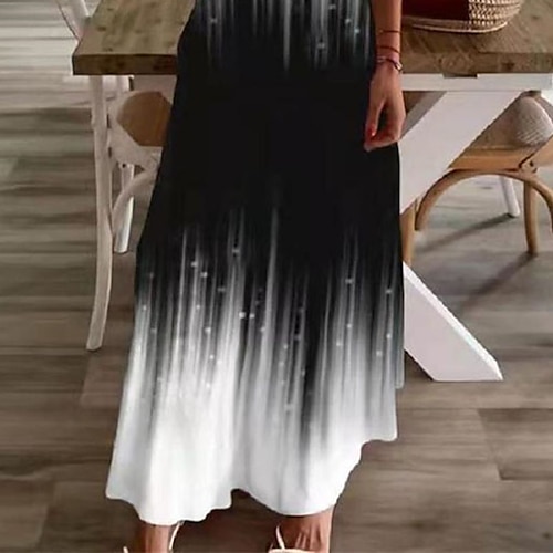 Damen A Linie Kleid Maxikleid Schwarz Kurzarm Farbverläufe Kalte Schulter Bedruckt Frühling Sommer V-Ausschnitt Stilvoll Büro Alltag 2022 S M L XL XXL 3XL