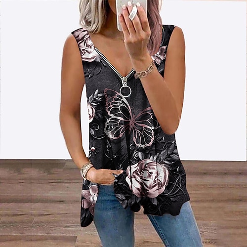 

Women's Tank Top Vest Pink Gold Floral Butterfly Flowing tunic Quarter Zip Sleeveless Daily Weekend Streetwear Casual V Neck Regular Floral Butterfly S / 3D Print / Print