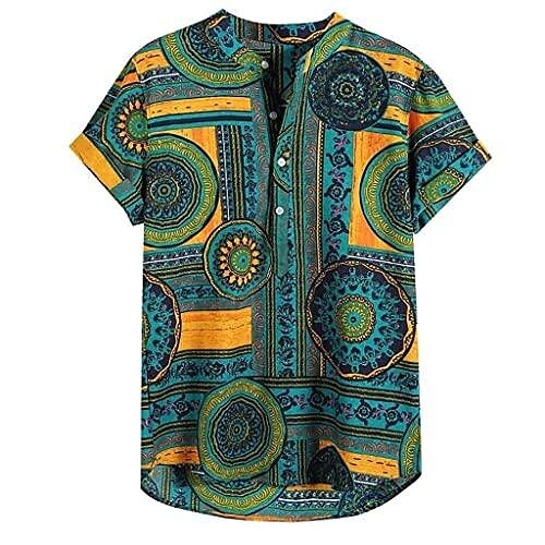 

Men's Big and Tall African Printed Henley Shirts Linen Short Sleeve Summer Beach Hawaiian Tropical Floral Aloha Top Green