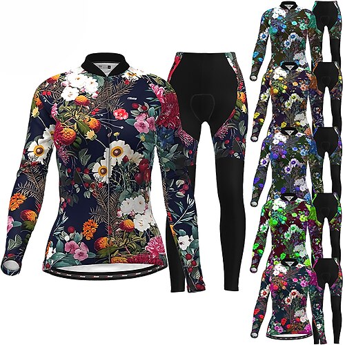 

21Grams Women's Cycling Jersey with Tights Long Sleeve Mountain Bike MTB Road Bike Cycling Black Green Purple Graphic Floral Botanical Bike Thermal Warm 3D Pad Warm Breathable Quick Dry Sports