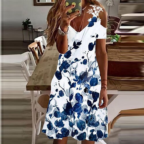 

Women's Midi Dress Blue Short Sleeve Floral Lace Spring Summer V Neck Modern Loose Fit 2022 S M L XL XXL 3XL