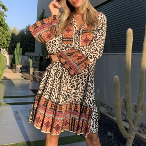 

Women's Shift Dress Swing Dress Boho Dress Brown Long Sleeve Leopard Ruffle Winter Fall Autumn Crew Neck Winter Dress Weekend Fall Dress Loose Fit 2022 S M L XL XXL