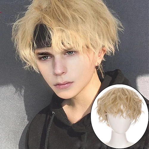 

Synthetic Wig Curly Asymmetrical With Bangs Wig Short A21 Synthetic Hair Men's Soft Party Easy to Carry Blonde Pink Red