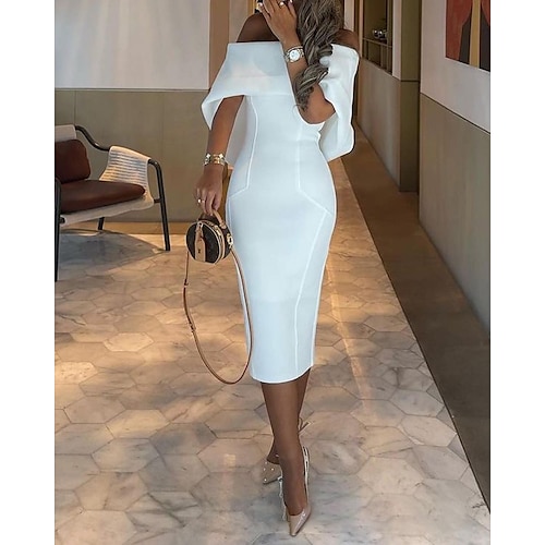 

Sheath / Column Elegant Bodycon Graduation Wedding Guest Dress Off Shoulder Half Sleeve Tea Length Stretch Fabric with Sleek Pure Color 2022