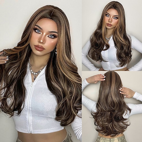 

Long Wave Brown Highlight Synthetic Wigs for Women Natural Hair Wavy Wigs Brown Ombre Female Wig Heat Resistant Wig Cosplay