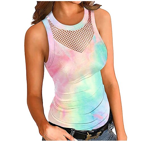 

Women's Tank Top Shirt Blue Pink Light Green Tie Dye Mesh Patchwork Sleeveless Daily Weekend Streetwear Casual Round Neck Regular S / Print