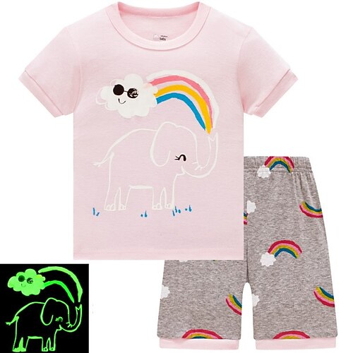 

Kids Girls' 2 Pieces Pajamas Short Sleeve Pink Rainbow Print Spring Summer Active Indoor 2-8 Years / Cotton / Animal