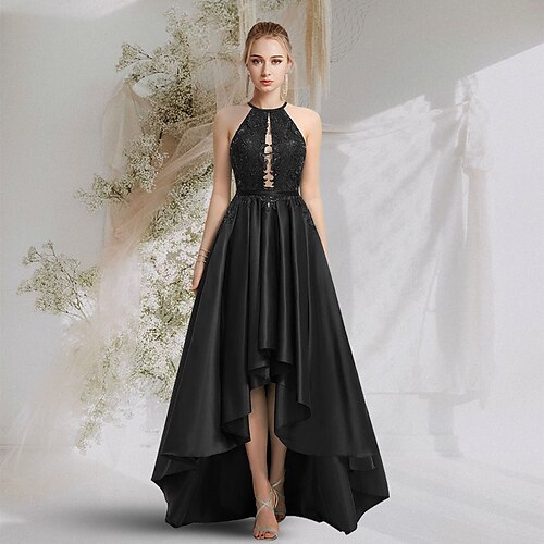 

Linea-A Tagliato Sensuale Graduazione Compleanno Vestito All'americana Scollato sul retro Senza maniche Asimmetrico Raso con Inserti di pizzo Colore Puro 2022