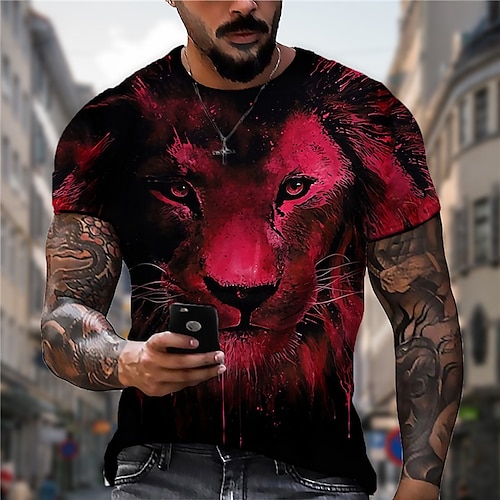 

Men's Unisex T shirt Tee Lion Graphic Prints Crew Neck Red 3D Print Outdoor Street Short Sleeve Print Clothing Apparel Sports Designer Casual Big and Tall / Summer / Summer