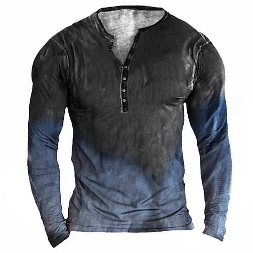 

Men's T shirt Tee Henley Shirt Gradient Henley Black 3D Print Outdoor Casual Long Sleeve Button-Down Print Clothing Apparel Lightweight Breathable Big and Tall