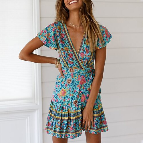 

Women's Swing Dress Boho Dress Mini Dress Green Wine Dusty Blue Short Sleeve Floral Print Spring Summer V Neck Hot 2022 S M L XL XXL 3XL 4XL 5XL