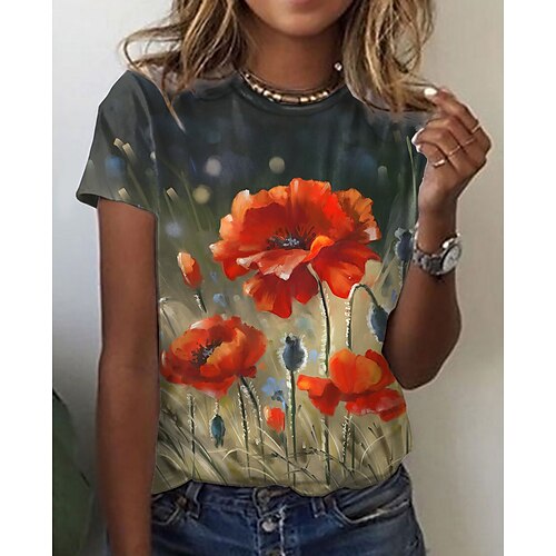 

Women's T shirt Tee Blue Yellow Red Floral 3D Print Short Sleeve Casual Holiday Basic Round Neck Regular Floral Painting S