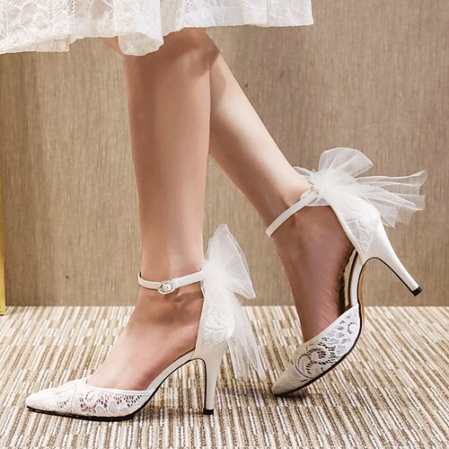 

Women's Wedding Shoes Wedding Party Ankle Strap Heels Wedding Heels Bridal Shoes Summer Bowknot Lace High Heel Ankle Strap Heel Pointed Toe Elegant Sweet Lace Satin Ankle Strap Solid Colored White