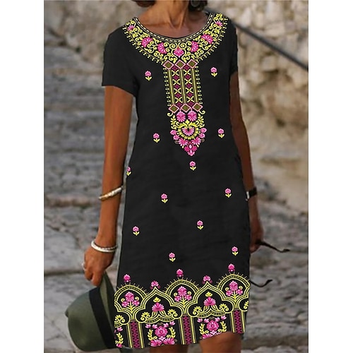 

Mujer Vestido informal Vestido Midi Negro Manga Corta Floral Estampado Primavera Verano Cuello Barco Personalizado Lino S M L XL XXL 3XL