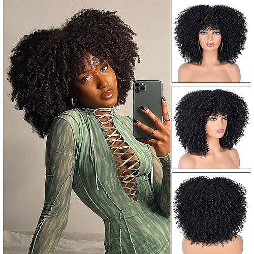 

Black Wigs for Men Curly Afro Wigs for Black Women Short Kinky Curly Wig with Bangs 14Inch Synthetic Heat Resistant Black Full Wigs