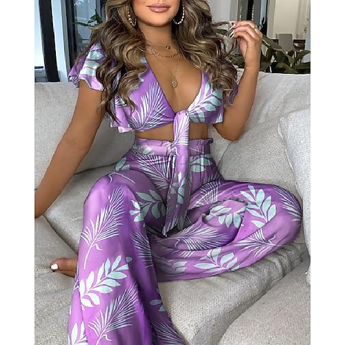

All Over Print Knot Front Crop Top & High Waist Pants Set