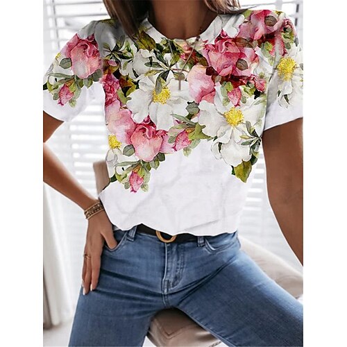 

Women's T shirt Tee White Floral Plants Short Sleeve Casual Daily Basic Round Neck Regular Floral S / 3D Print