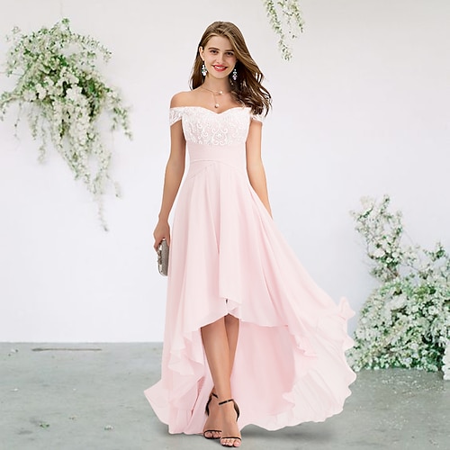 

A-Line Bridesmaid Dress Off Shoulder Short Sleeve Elegant Sweep / Brush Train / Asymmetrical Chiffon / Lace with Appliques 2022