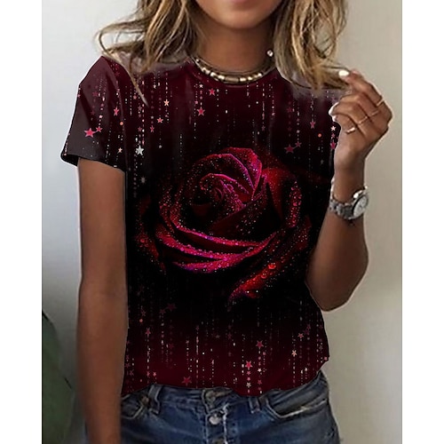 

Mulheres Camiseta Vermelho Azul Roxo Rosa 3D Imprimir Manga Curta Casual Feriado Básico Dia dos namorados Decote Redondo Padrão Tema Flores 3D Dia dos namorados S