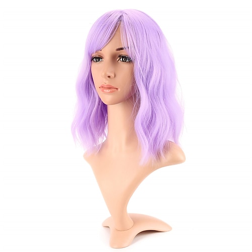

Natural Wavy Wig With Air Bangs Short Bob Wigs Women's Shoulder Length Wigs Curly Wavy Synthetic Cosplay Wig Pastel Bob Wig for Girl Colorful Wigs(12 Purple)