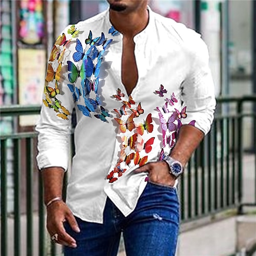 

Men's Shirt Graphic Shirt Butterfly Feather Stand Collar Blue Purple 3D Print Outdoor Casual Long Sleeve 3D Print Button-Down Clothing Apparel Fashion Designer Casual Comfortable / Sports