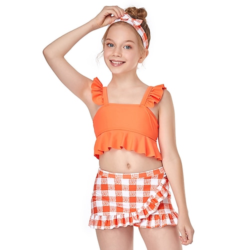 

Kids Girls' Two Piece Swimwear Outdoor Plaid Cute Patchwork Bathing Suits 5-12 Years Summer Blue Orange