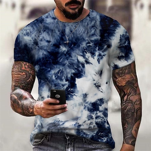 

Men's T shirt Tee Graphic Tie Dye Crew Neck Blue 3D Print Daily Sports Short Sleeve Print Clothing Apparel Designer Casual Classic Big and Tall / Summer / Summer