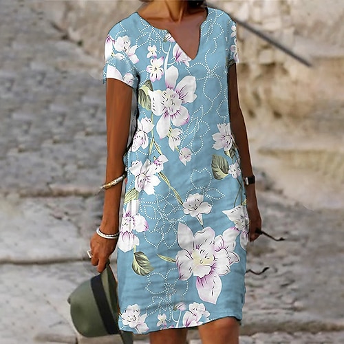 

Women's A Line Dress Knee Length Dress Blue Short Sleeve Floral Print Spring Summer V Neck Casual Modern 2022 S M L XL XXL 3XL