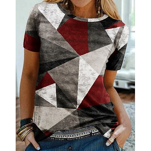

Women's T shirt Tee Red Geometric Print Short Sleeve Casual Weekend Basic Round Neck Regular Geometric Painting S / 3D Print