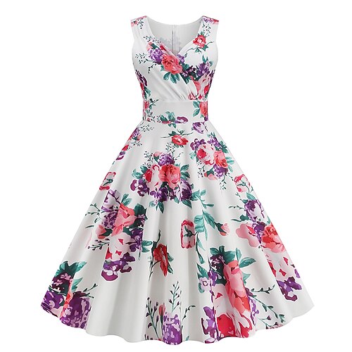 

1950s Floral Cocktail Dress Vintage Dress Dress Party Costume JSK / Jumper Skirt A-Line Dress Prom Dress Women's Flounced Costume Vintage Cosplay Quinceanera Tea Party Party / Cocktail Sleeveless Midi