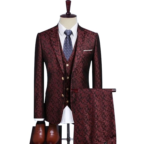 

Custom Suit Men's Classic Wedding Special Occasion Event Party Notch Burgundy Vintage Jacquard Single Breasted Two-buttons