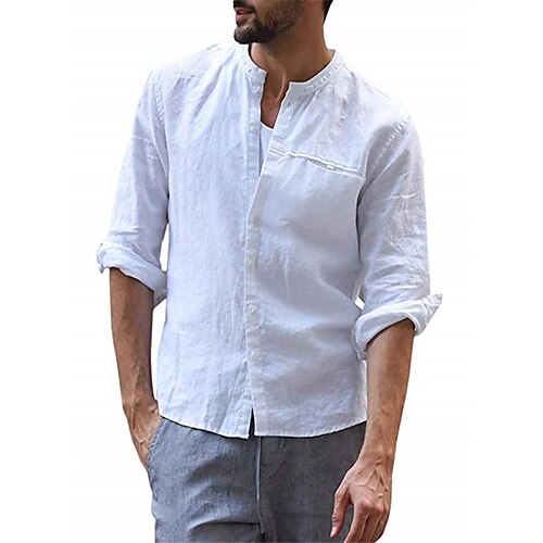 

Men's Casual Shirt Solid Colored Stand Collar Street Casual Button-Down Long Sleeve Tops Casual Fashion Breathable Comfortable White Navy Blue Summer Shirts