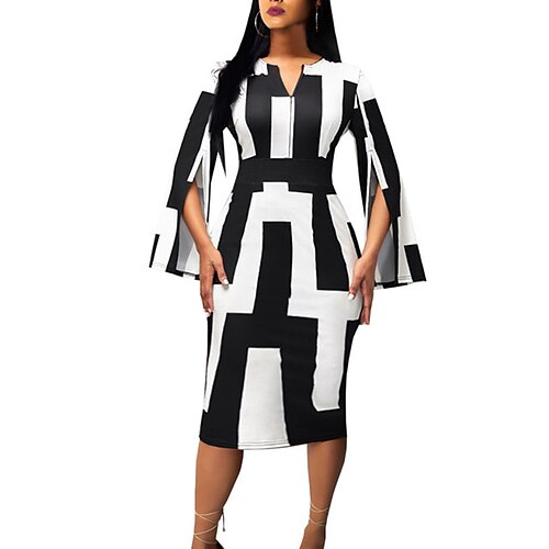 

Mujer Vestido tubo Vestido hasta la Rodilla Negro Manga Larga Geométrico Estampado Invierno Otoño Cuello Barco Elegante Vestido de invierno vestido de otoño 2023 S M L XL XXL