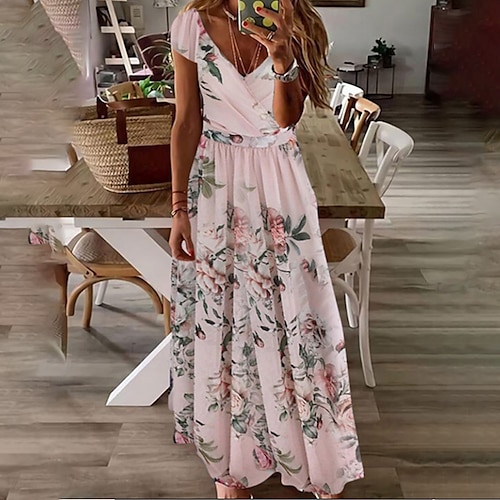 

Women's Floral Dress Long Dress Maxi Dress Pink Short Sleeve Floral Print Spring Summer V Neck Modern 2022 S M L XL XXL