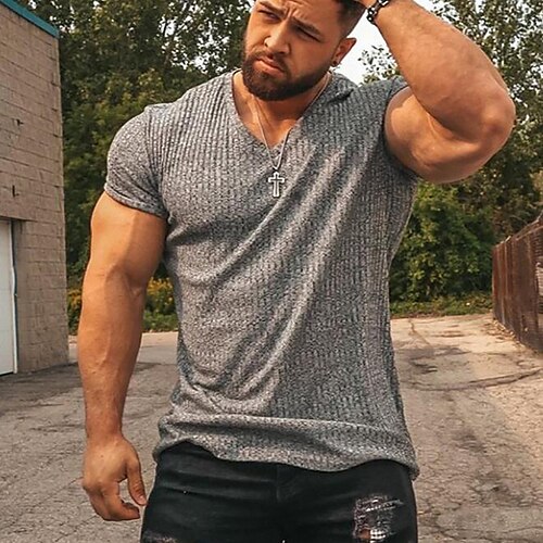 

Men's T shirt Tee Solid Color V Neck Blue Red Gray White Black Casual Holiday Short Sleeve Clothing Apparel Sports Fashion Lightweight Muscle / Summer / Summer