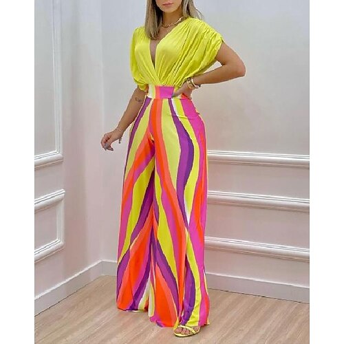 

Batwing Sleeve Wrap Top & Allover Print Wide Leg Pants Set