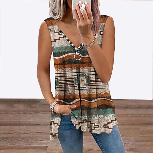 

Women's Tank Top Vest Green Blue Purple Geometric Striped Flowing tunic Quarter Zip Sleeveless Daily Weekend Ethnic Casual V Neck Regular Geometric S / 3D Print / Print